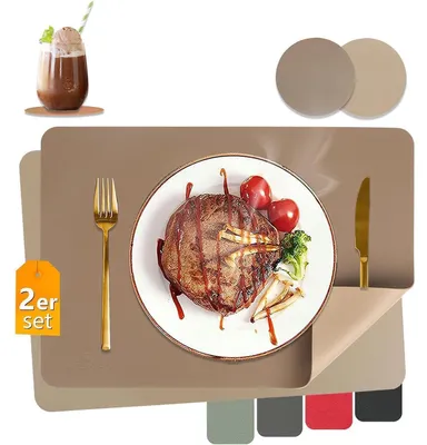 Obrázok produktu pre Podložky pod taniere, umývateľné, vzhľad kože, odolné voči teplu, sada 2 kusov s podložkami, farba hnedá + béžová, rozmer 43x30 cm