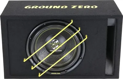 A black subwoofer box with yellow accents and branding.