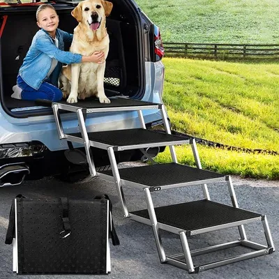 Imagen del producto de Escalera para perros de gran tamaño, extra ancha, con 4 escalones. Rampa para perros plegable, ligera y antideslizante, ideal para coches, camionetas y SUVs. Soporta hasta 100 kg