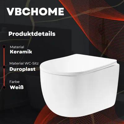 Produktbild von VBChome Hänge-WC Spülrandloses aus Keramik mit Toilettendeckel WC-Sitz aus Duroplast Absenkautomatik Rimless SoftClose-Funktion Tiefspüler Toilette