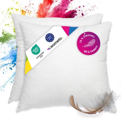 wometo "premium-line" 2er Set Feder- & Daunenkissen 85% Federn 15% Daunen 45x45 - 500 g Füllkissen Bezug Baumwolle weiß / Innenkissen / Füllkissen / Kissenfüllung / kleine Sofakissen