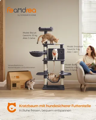 Produktbild von FEANDREA Kratzbaum,164 cm,stabil,mit Katzennapf,mit Korb und Höhle Rauchgrau