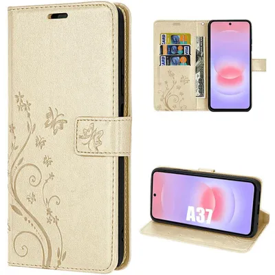 Image de Coque pour Samsung Galaxy A37 5G, Protection Anti-Rayures Cuir Synthétique Doré Motif Plante