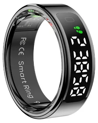 A close-up of a smart ring with a digital display.