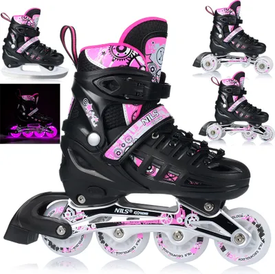 A collage of images showing inline skates and ice skates, with a focus on the inline skates.
