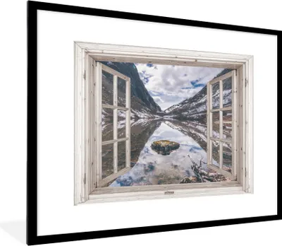 Produktbild von MuchoWow® Gerahmtes Poster Aussicht - Berg - Wasser 80x60 cm - Poster mit Schwarzem Bilderrahmen Wandposter Rahmen Foto Bilder - Schlafzimmer-Dekorationen - Fotoposter