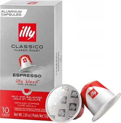 A box of Illy Classico Espresso capsules and two loose capsules.