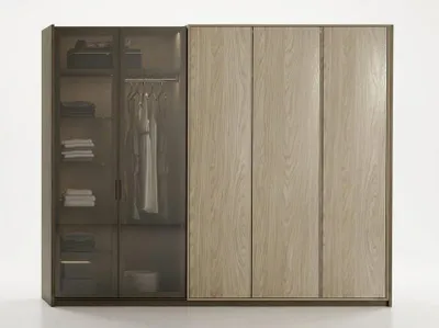 Produktbild von Kleiderschrank Beige Holz mit Glastüren und Kleiderfächern