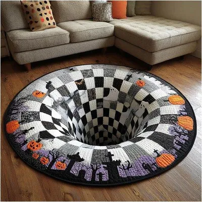 Obrázek produktu pro Podlahová rohož Unyqoos® s motivem Halloweenu, 60x60 cm – polyester, motiv lebky s 3D efektem, protiskluzová – dekorativní koberec do obývacího pokoje a ložnice