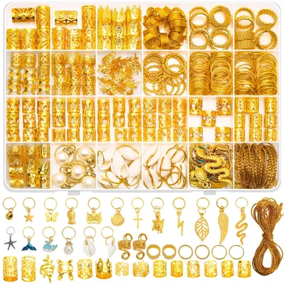 Produktbild von 285 goldene Haarschmuckstücke für Zöpfe, goldener Dreadlock-Schmuck, Zopfschmuck mit goldenen Anhängern, Dreadlock-Schmuck, goldene Ringe, Manschetten und Clips für Dreadlocks