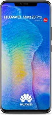 A Huawei Mate 20 Pro smartphone with a colorful abstract wallpaper displayed on the screen.