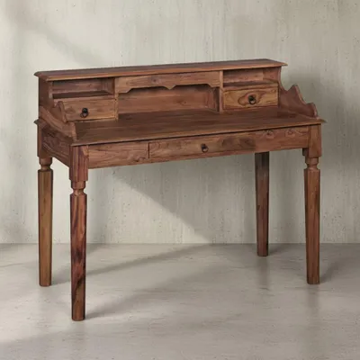 Produktbild von Schreibtisch Massivholz Sheesham, Sekretär 115 x 100 x 60 cm mit 3 Schubladen, Konsolentisch im Landhaus-Stil