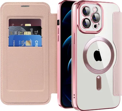 Obrázek produktu pro Pouzdro pro iPhone 12 Pro Max kompatibilní s MagSafe, průhledné pouzdro s držákem karet, kožené pouzdro s ochranou kamery Růžový