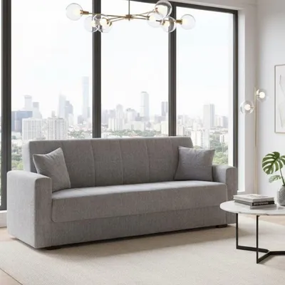 Produktbild von Schlafsofa Pinto, Lineares 3-Sitzer-Containersofa, Wohnzimmersofa aus gepolstertem Stoff mit Klick-Klack-Öffnung, 212x80h87 cm, Grau