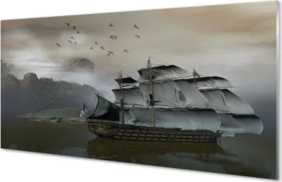 Produktbild von Glasbilder 140x70 Wandkunst Schiff Meer Berge