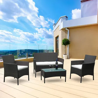 Immagine prodotto di Fiqops set di mobili da giardino divano balcone set relax lounge tavolo da giardino in vetro set da giardino marrone