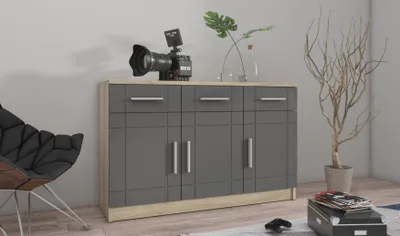 Produktbild von Kommode PARON I Graphit/Sonoma – Sideboard mit 3 Türen und 3 Schubladen – Wohnzimmerschrank für Wohnzimmer, Esszimmer und Flur