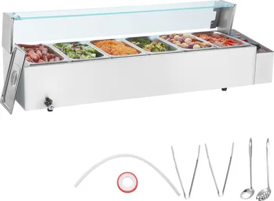 Immagine prodotto di Scaldavivande commerciale VEVOR con 6 contenitori (5 Qt / 1/3 di grandezza ciascuno), tavolo elettrico a vapore con copertura in vetro, piano di lavoro in acciaio inox da 1500 W, buffet a bagnomaria, controllo della temperatura da 30 a 85 °C