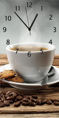 Produktbild von Wallario Design Wanduhr bedruckt, Größe 30 x 60 cm, Motiv: Heiße Tasse Kaffee mit Kaffeebohnen