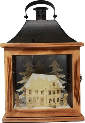Produktbild von LED Laterne Winterhaus in Naturbraun mit Winterlandschaft 22x13x30cm