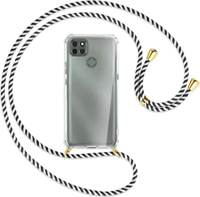 Produktbild von Handykette Backcover-Schutzhülle mit Band (Metall goldfarben) für Motorola Moto G9 Power - schwarz/weiß gestreift