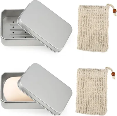 Produktbild von Seifenablage aus Aluminium - 2 Hanfseifenbeutel - Seifendose für unterwegs - Feste Seifen und Shampoos aufbewahren.