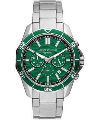 A close-up, front-facing studio shot of an Armani Exchange men's watch with a green dial and silver band.