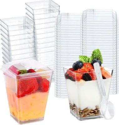 Produktbild von 50 Stück Kunststoff-Dessertgläser mit Deckeln und Löffeln Kunststoff-Dessertgläser DIY-Dessertschalen-Set Mini-Dessertgläser für Puddingmousse-Igel
