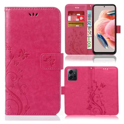 A collage of images showing a pink flip phone case with a floral pattern, a smartphone inserted into the case, and the case's interior card slots.