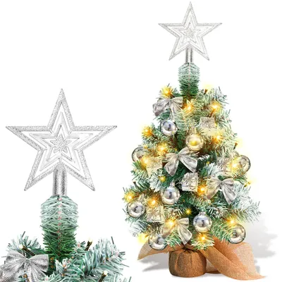 Image de Vigevee, mini sapin de Noël, 40 cm, argenté, arbre de Noël artificiel avec 30 LED à piles et socle en bois, idéal pour les fêtes de Noël