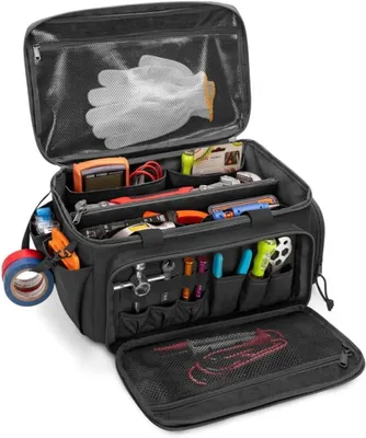 Immagine prodotto di Borsa per attrezzi, dimensioni 37x22x20 cm, 11 scomparti, realizzata in poliestere 600D impermeabile, ideale per lavori di bricolage
