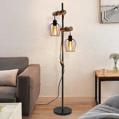 Produktbild von ZMH Vintage Stehlampe Wohnzimmer 2 flammige Holz Retro Standleuchte im Industrial Design aus Metall und Holz  Schwarz  E27 - ohne Leuchtmittel