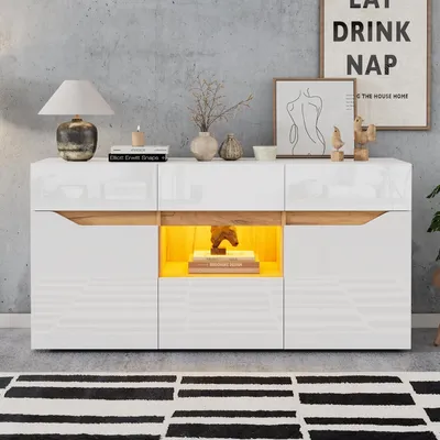 Immagine prodotto di Mobile bar con finitura lucida, 4 cassetti, 2 scomparti, illuminazione LED, colore bianco, legno, dimensioni 140x40x70 cm