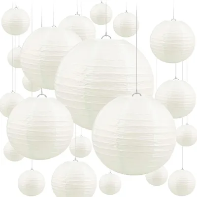 Imagen del producto de Juego de farolillos de papel, 20 unidades, farolillos blancos de papel con borde redondeado y estructura de alambre, pantallas de papel colgantes para decoración