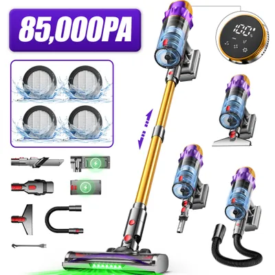 Produktbild von Portreen Akku Staubsauger, 85000Pa Staubsauger kabellos mit Haustierbürste, Schlauchbürste, Touchscreen, HEPAx4, 2L, 80Min, Anti-Tangle-Staubsauger