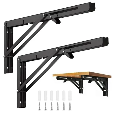 Two black folding shelf brackets are shown against a white background, with a small wooden shelf attached to a pair of brackets in the lower right corner. Screws and wall plugs are also visible.