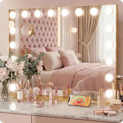 Image de Miroir de maquillage Hollywood doré 58x48 cm sur pied avec 15 LED, 3 températures de couleur, haut-parleur Bluetooth et miroir grossissant 10X
