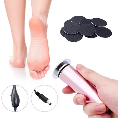 A collage of a person's foot and a callux remover device with accessories.