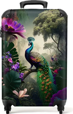 Produktbild von NoBoringSuitcases.com® Koffer Handgepäck Trolley Rollkoffer Kleine Reisekoffer mit 4 Rollen - Pfau - Blumen - Dschungel - Regenbogen - Federn - Cabin Size < 55x40x23 cm & 55x40x20 cm - Fotokoffer - Kabinenkoffer - BoardgepäckHandgepäck Koffer 55x35x20 cm, 36L,