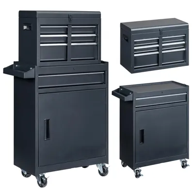 Produktbild von FCH Werkzeugschrank aus Metall, Kombi-Rollschrank mit tragbaren Werkzeugkästen, mobiler Werkstattwagen mit 4 Schubladen (Schwarz)