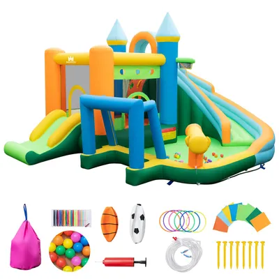 Immagine prodotto di Castello gonfiabile COSTWAY, con 2 scivoli, piscina per bambini, parete da arrampicata, cannone ad acqua, 50 palline e anelli colorati  463x395x251 cm