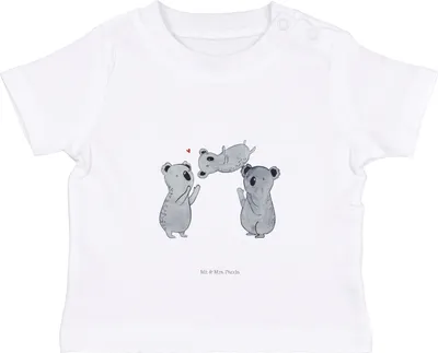 Produktbild von Mr. & Mrs. Panda Organic Baby Shirt Koalas Feiern 0. - 6. Monat - Weiß - Geschenk, Happy Birthday, Geburtstag, Baumwollshirt,  T-Shirt, Herz, Jerseyshirt, Familie