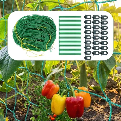 Imagen del producto de Red de soporte para plantas, color verde, 2 x 5 metros, con 50 sujetadores, ideal para tomates y pepinos
