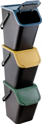 A stack of three black trash bins with different colored lids (blue, yellow, and green) against a white background.