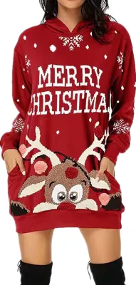Produktbild von ASKSA Weihnachtskleid Damen Kapuzenkleid Weihnachtspullover Weihnachts Sweatshirt, Rot, XXL
