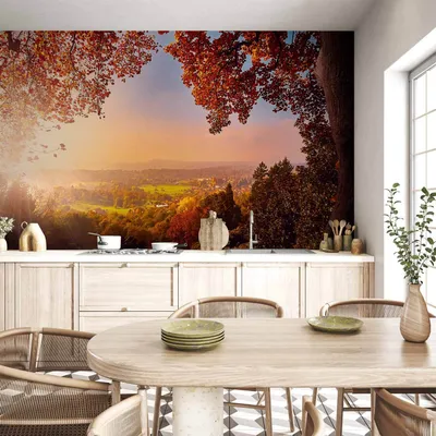 Produktbild von Vlies Fototapete - Autumn delight - sunny landscape with countryside surrounded by trees and fields 350x245 cm Landschaften c-C-0031-a-a