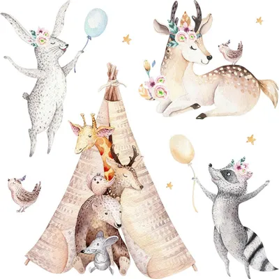 Produktbild von Wandaufkleber Kinderzimmer – Wandsticker für Baby & Kinder – Selbstklebende Wanddekoration – Abnehmbar ohne Rückstände – Deko für Mädchen & Jungen - Aquarell-Waldtiere mit pastellfarbenen Luftballons100x162 cm