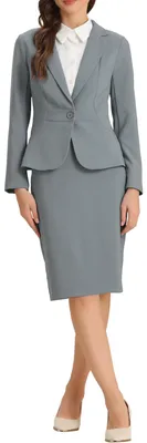 Immagine prodotto di Completo da donna Allegra K, composto da gonna e giacca, ideale per l'abbigliamento da ufficio o casual, con maniche lunghe e in colore grigio