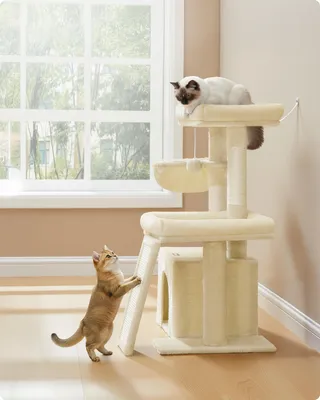 Produktbild von Feandrea Kratzbaum, Katzenbaum mit Kratzsäulen, Rampe, Katzenkratzbaum, 2 große Plattformen, Höhle und Korb, 85,8 cm hoch, sandbeige