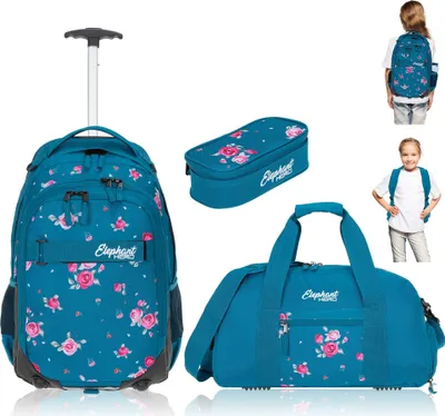 Produktbild von Schultrolley 3 Teile Set Mädchen Elephant Hero Signature Rucksack Trolley Sporttasche Mäppchen Box 12848 Blue Flower